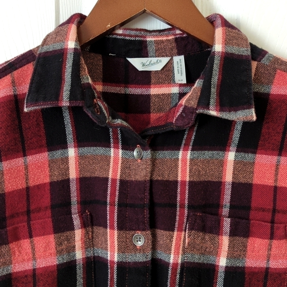 Woolrich Plaid Flannel Relaxed Fit Long Sleeve Button Down Shirt Red Burgundy S - Picture 2 of 14